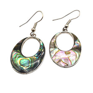 Pierced Earrings Vintage Alpaca Abalone Inlay Green Pink Dangle Hoop SKU2403